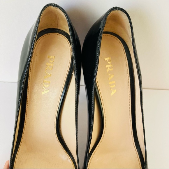 Prada Peep Toe Open Toe Black Patent Leather Pumps Heels - Picture 9 of 15
